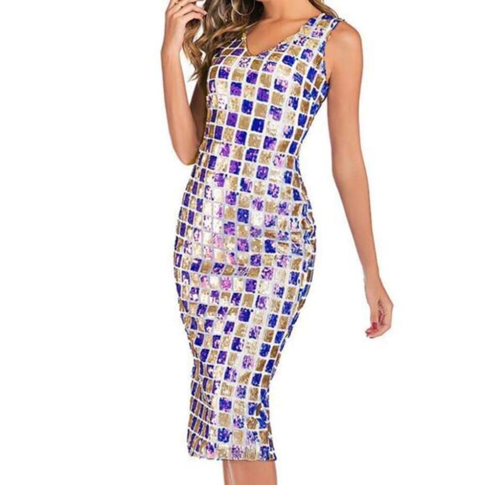 AMAZING MAE Sequin Checkered Midi Dress